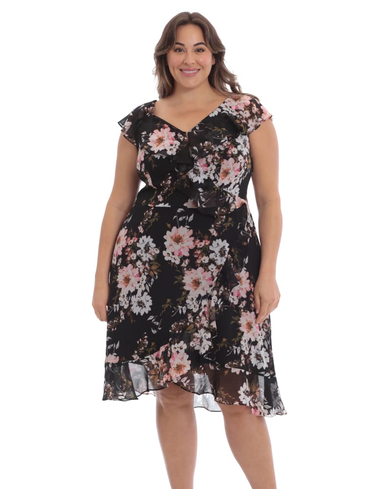 Front of a model wearing a size 22W Cora Wrap Dress in Blk/Blush by London Times. | dia_product_style_image_id:264158